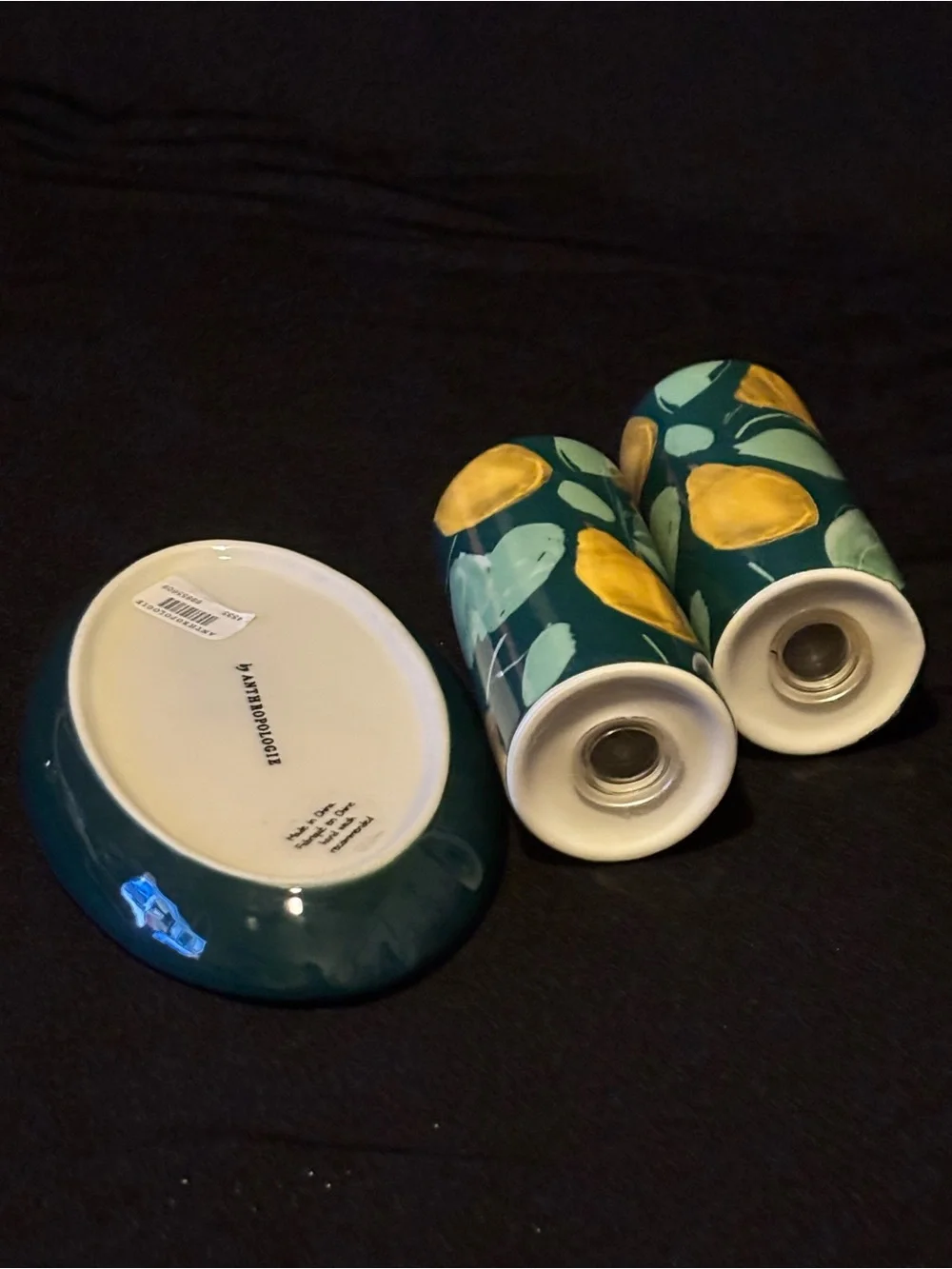 Anthropologie Holly and Pear Salt & Pepper Shakers with Underplate. Ceramic